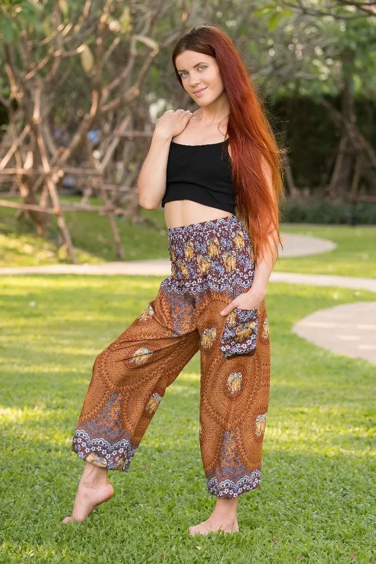 Hippie Pants Brown Chang Pants, high-waisted yoga pants with elephant and floral print