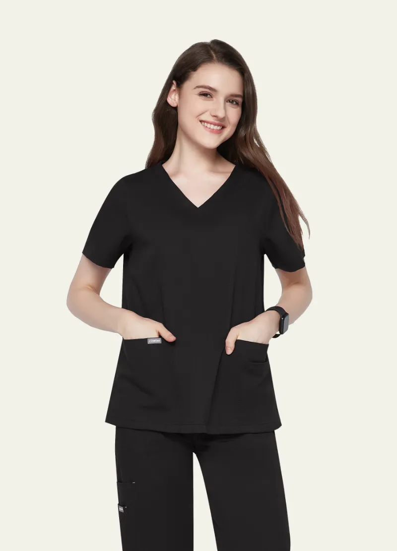 COMENII ElegCare Essential Scrub Top Black showing V-neck, sleeve pocket, and welt pockets