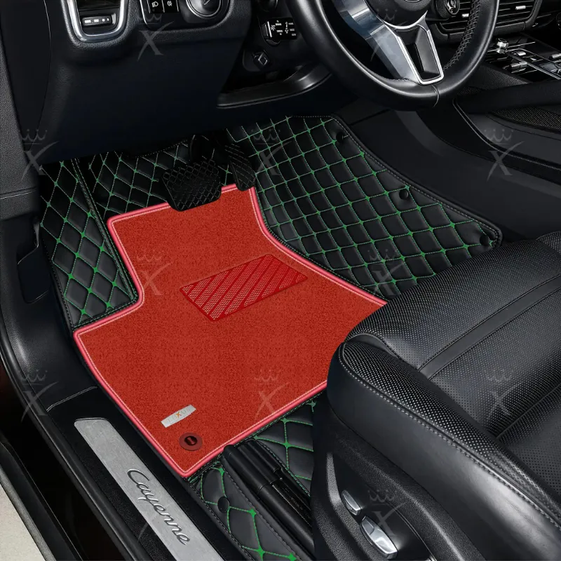 Luxus Car Mats Diamond Double Layer floor mats, red top carpet with green stitching accents