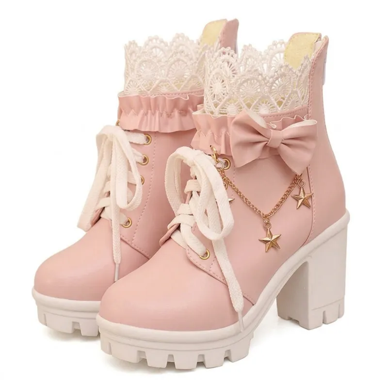 Shoptery Jirai Kei Pink Lace Ruffle Bow Star Chain Platform Ankle Boots with pearl chain and bow accent
