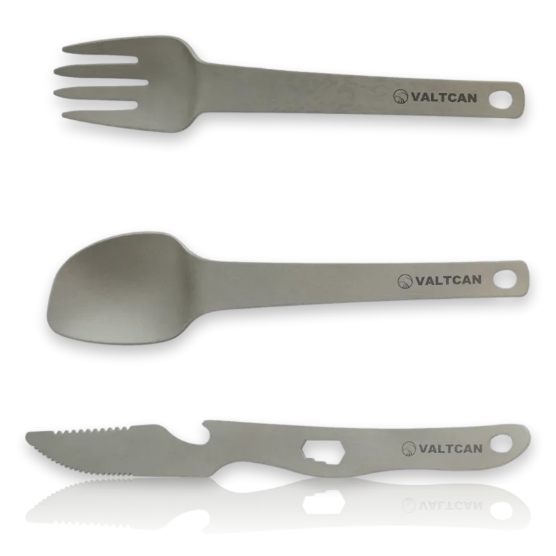 Valtcan 3 Piece Titanium Utensil Set with fork, spoon, knife and carrying pouch on white background