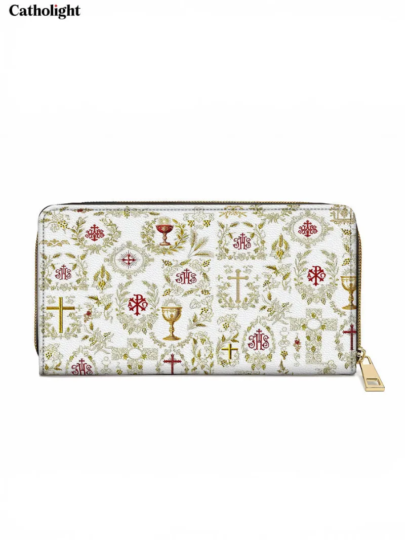 Catholight The Timeless Faith Leather Wallet Purse with Christian symbols in gold and red
