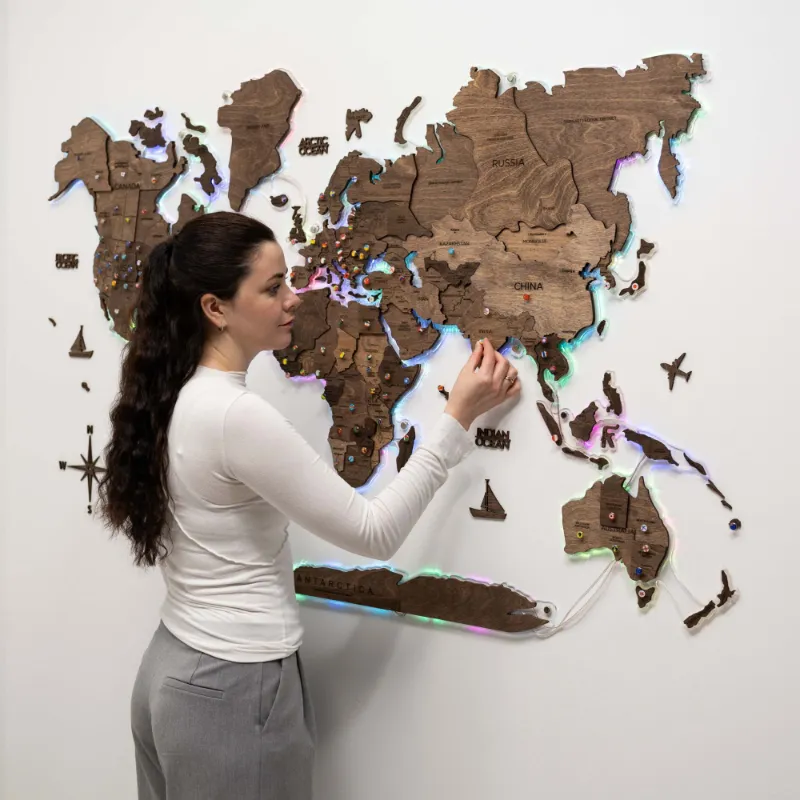 Enjoy The Wood 3D LED Wooden World Map 2.0 Dark Walnut with illuminated continents