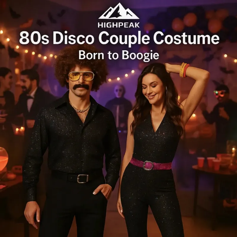 HighPeak 80s Disco Couple Costume, a man and woman in matching flared glitter disco outfits