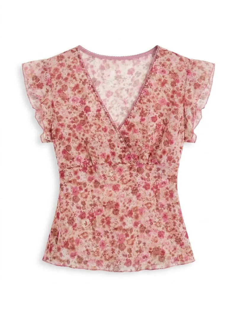 Cottagecore Clothes Cottagecore Wrap T-Shirt blush floral sheer wrap top with flutter sleeves and tie waist