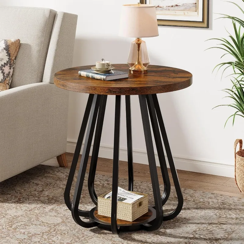Tribesigns 19.6 inch round side table with curved metal frame and two-tier storage