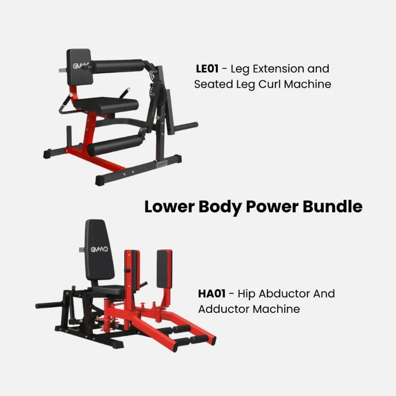 GMWD Fitness Lower Body Power Bundle showing leg extension curl machine and hip abductor adductor machine