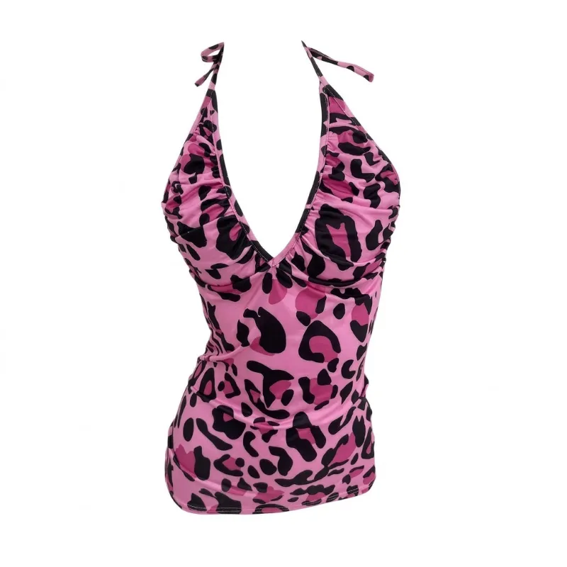 Shoptery Gyaru Pink Leopard Print Deep V Halter Ruched Bodycon Top with open back