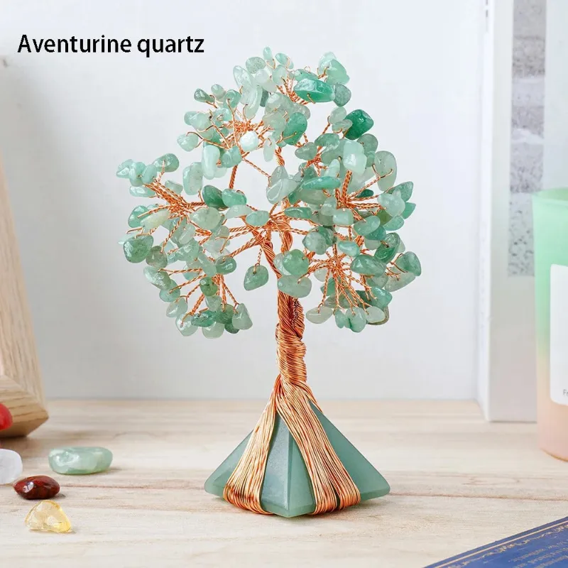 Turix Aventurine Crystal Tree showing green aventurine chips on copper wire branches with wooden base