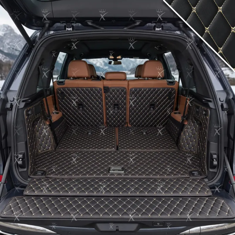 Luxus Car Mats Diamond 360Fit Trunk Mat showing black eco-leather with beige stitching