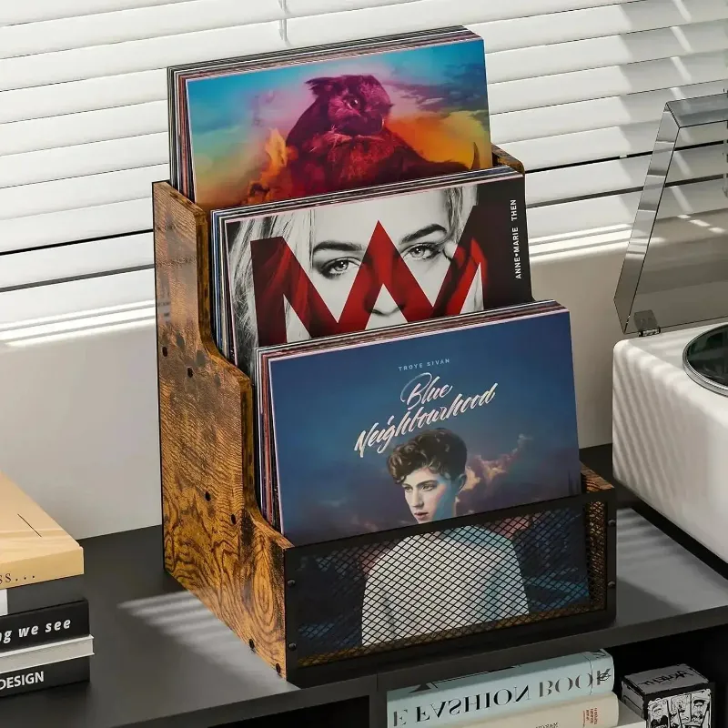 Retrolife 3-Tier Wooden & Metal LP Holder displaying tiered storage for up to 60 vinyl records