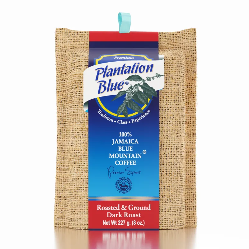 Plantation Blue Coffee 100% Jamaica Blue Mountain Coffee Dark Roast 8oz Ground bag showing vacuum-sealed ground coffee