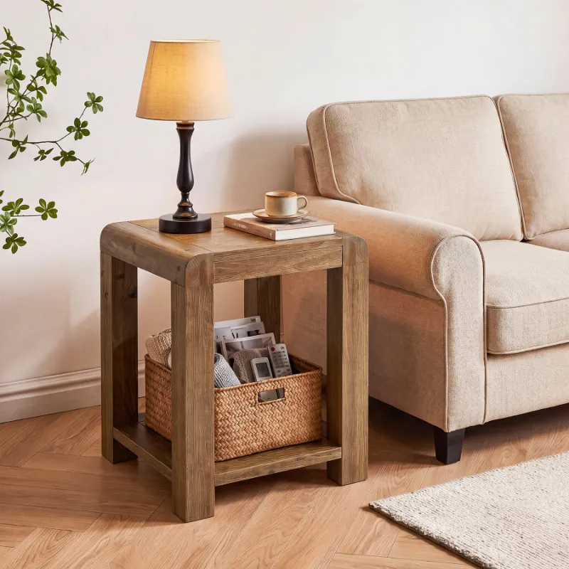Tribesigns 19.7-inch square solid wood end table with curved edges and two-tier open storage