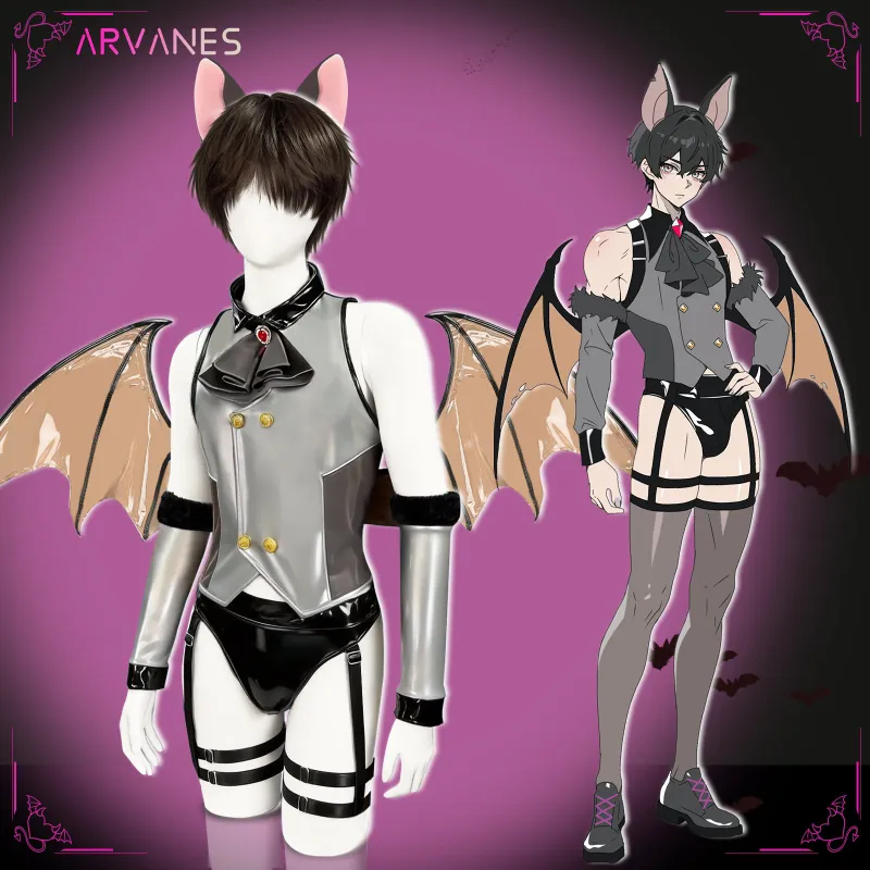 Velombrance bat bodysuit 7-piece set showing wings, headpiece, and stockings