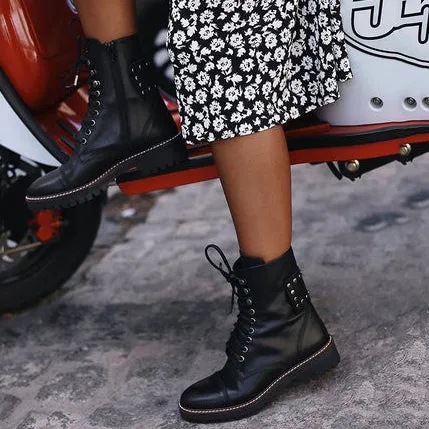 Mislish Black PU Lace-up Combat Boots With Rivet, platform style