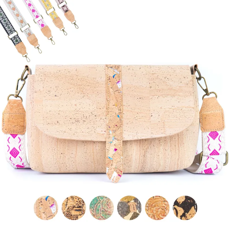 Corkadia Cork Crossbody Bag with Interchangeable Strap in natural cork with adjustable woven strap