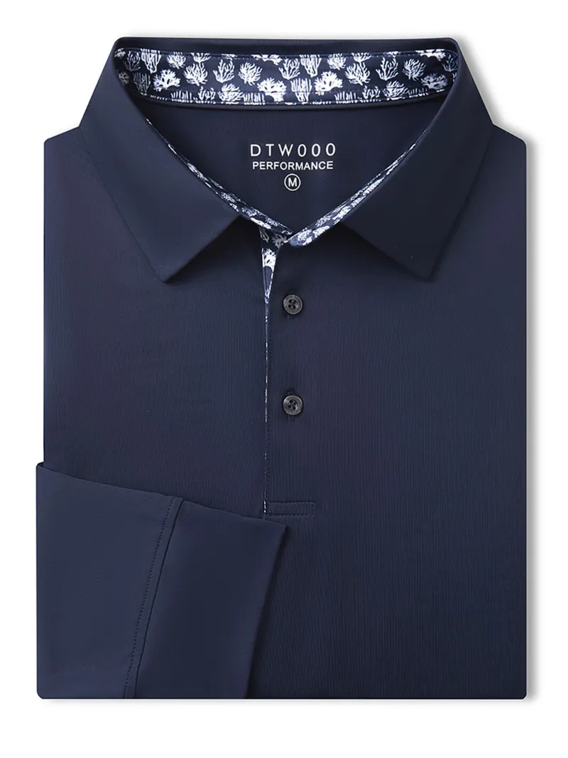 DTWOOO Designed Collared Long Sleeve Golf Polo in navy blue with structured collar