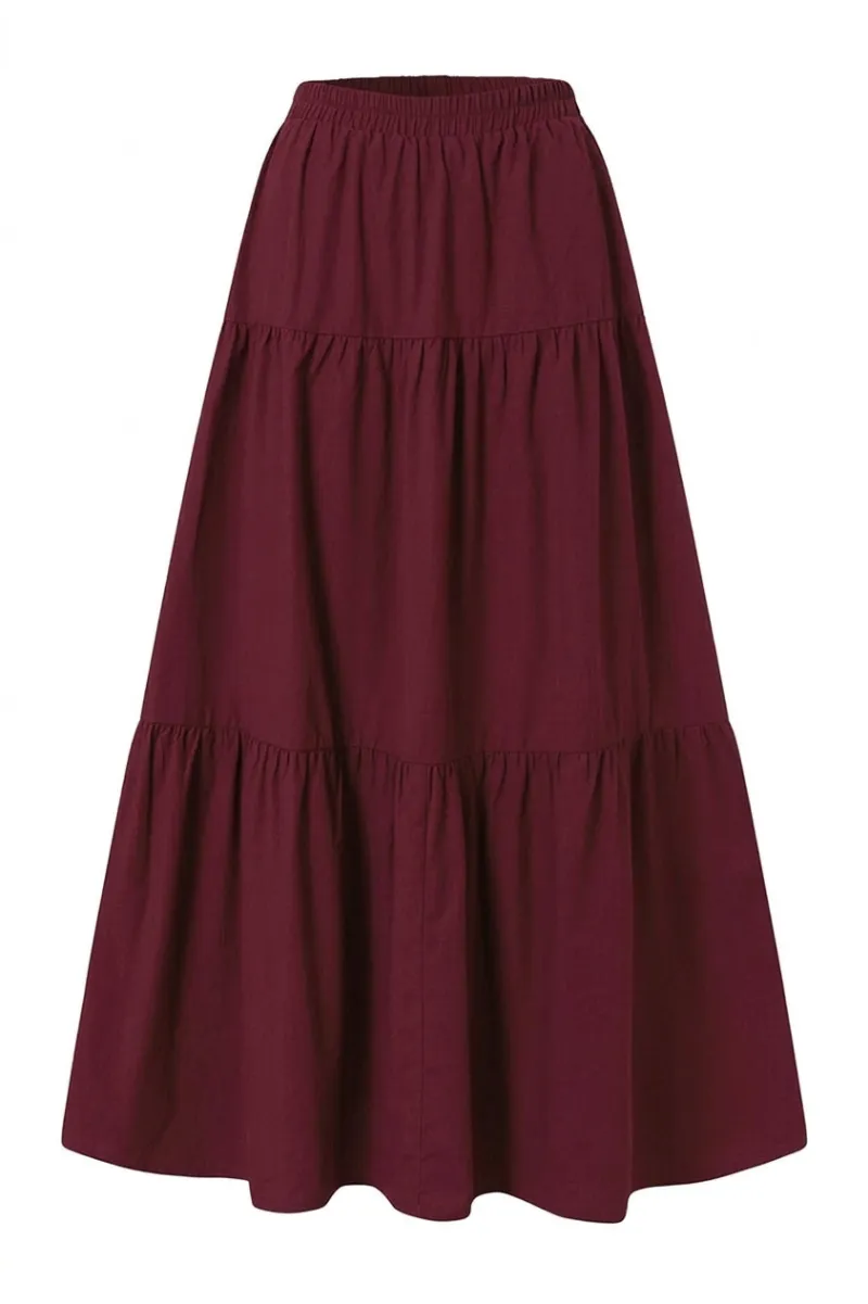 Cottagecore Clothes Dark Cottagecore Tiered Maxi Skirt, deep crimson red tiered maxi skirt with ruffle seams