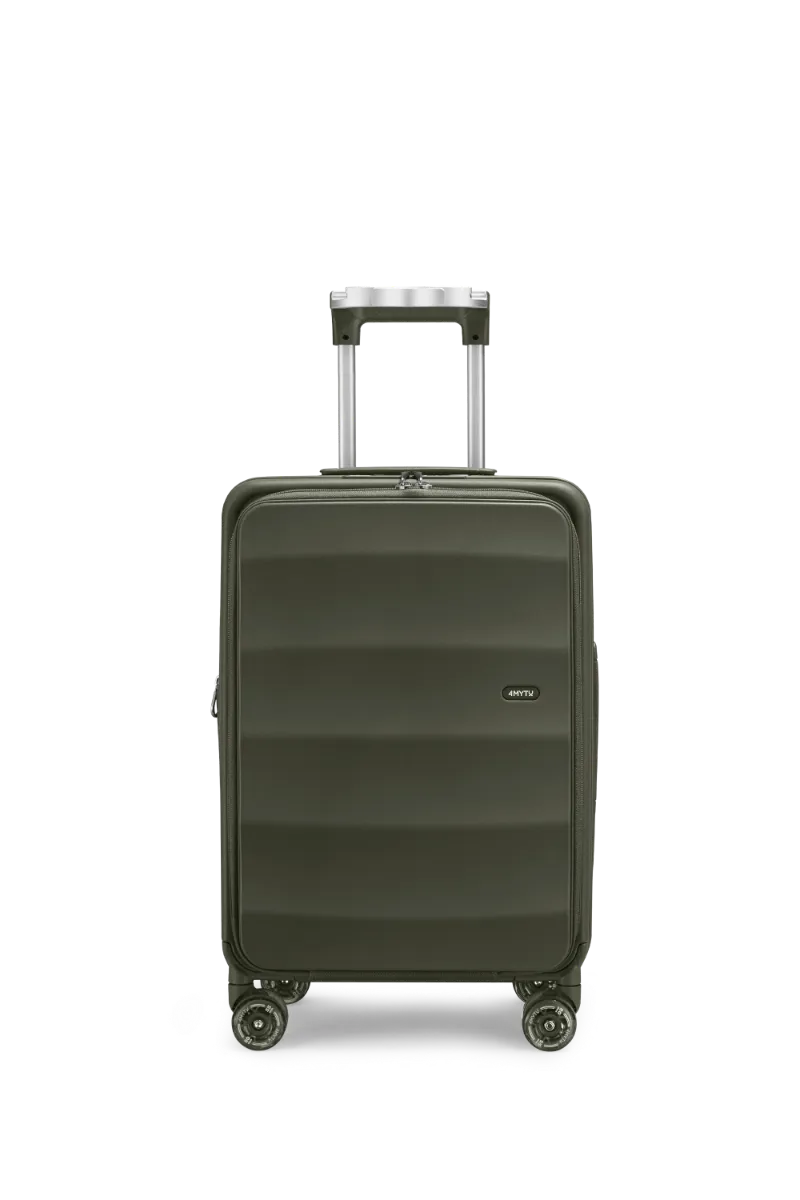 4MYTU Tank Bigger Carry-On in Aspen Green showing front-opening hard shell suitcase
