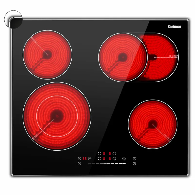 Karinear Appliances 24 Inch 4 Burner Multifunctional Electric Ceramic Cooktop-Slider Touch Control, black glass surface with white control p