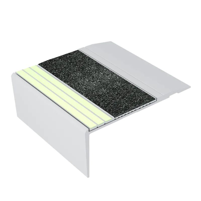 ComposiGrip Ecoglo F4B171 photoluminescent flat stair nosing with black insert and luminous edge strips