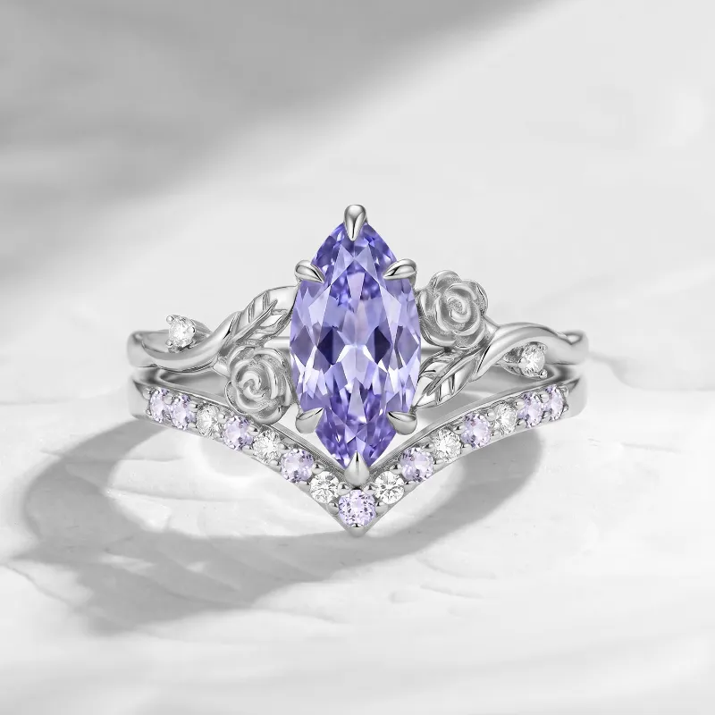 Starlandus 'A Rose Is A Rose Is A Rose' Nature Inspired Marquise Lab Lavender Sapphire Romantic Rose Flower Engagement Ring Set with curved 