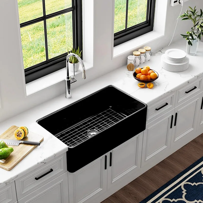 HOROW 36 Inch Sink Black Kitchen Farm Sink With Basket Strainer photo showing matte black farmhouse kitchen sink
