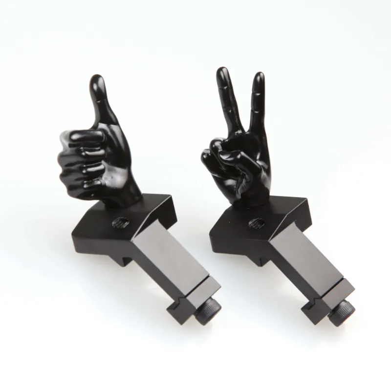 The Stinger Tools Black Novelty Finger Iron Sight Set showing offset 45 degree V Hand and Thumbs Up design