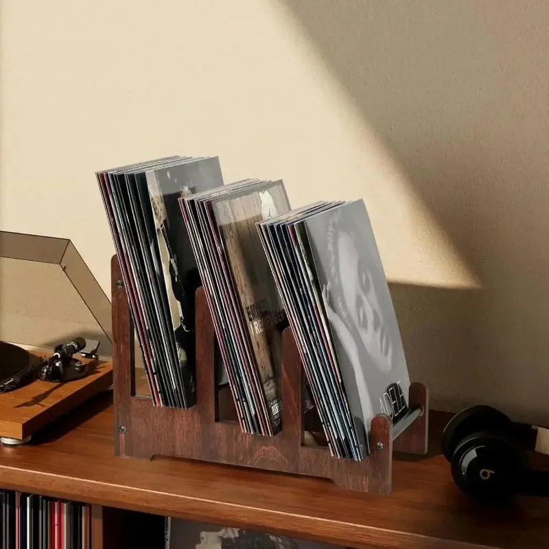 Retrolife Wooden Vinyl Stand For Record Storage, 3-tier display rack holding vinyl records with covers visible