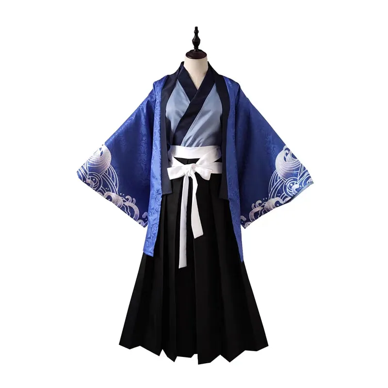 Foxtume Blue Wave Samurai Kimono Set with intricate wave patterns in vibrant blue