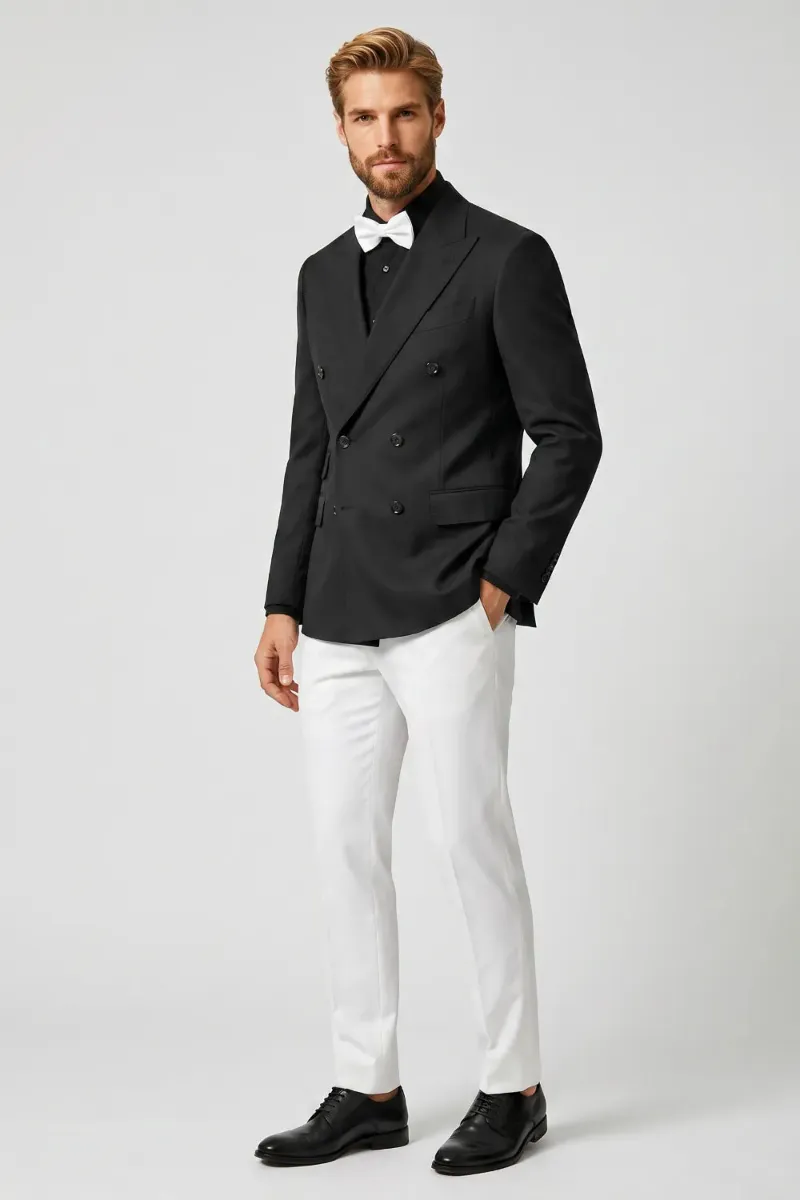 Wehilion Men's Black Double Breasted Contrast 2 Piece Suit shown on a model at an evening event
