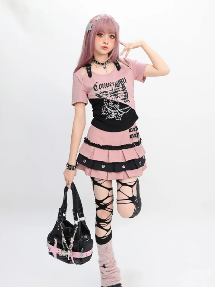 Juwas Black Plaid Butterfly Crop Top with Immortal Lettering featuring vintage graphic on fitted knit top
