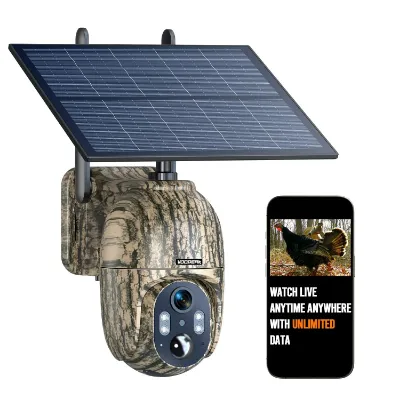 Voopeak 360 Degree 4G cellular trail camera mounted on a tree with solar panel