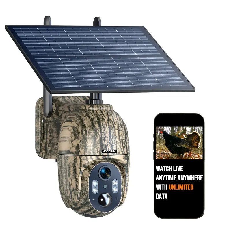 Voopeak 360 Degree 4G cellular trail camera mounted on a tree with solar panel