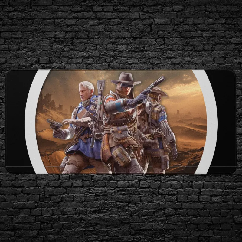 CruArt ARC Raiders Vanguard Desk Mat with armored tactical squad and neon sci-fi lighting
