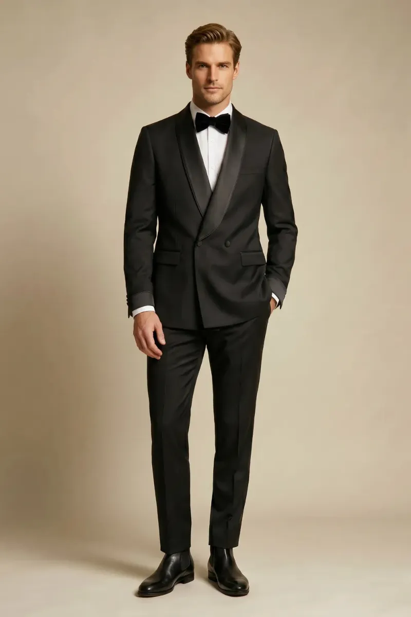 Wehilion Men's Black Double Breasted Shawl Lapel 2-Piece Tuxedo at an upscale evening event