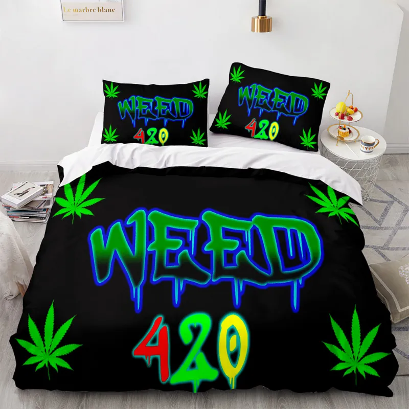 EBuycos 420 weed plant 3 Piece Bedding Sets Quilt Cover, duvet and pillowcases with weed leaf pattern