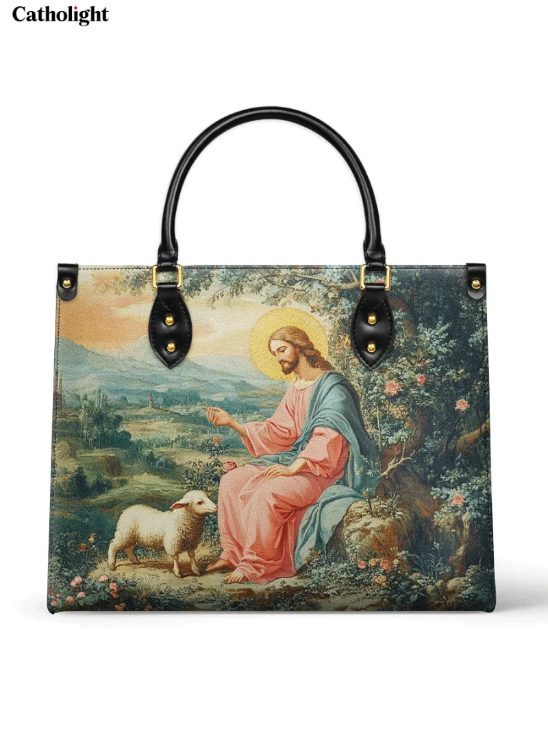 Catholight The Shepherd's Grace Leather Bag with Jesus as Good Shepherd in pastoral landscape