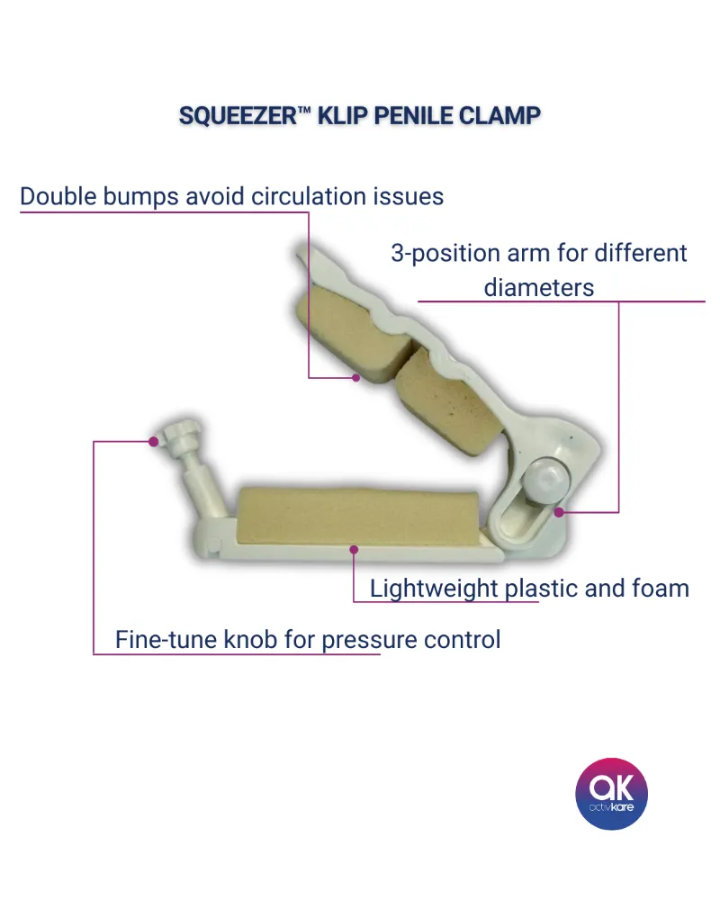 ActivKare Squeezer Klip penile clamp for male incontinence with foam-lined double bumps and adjustment knob