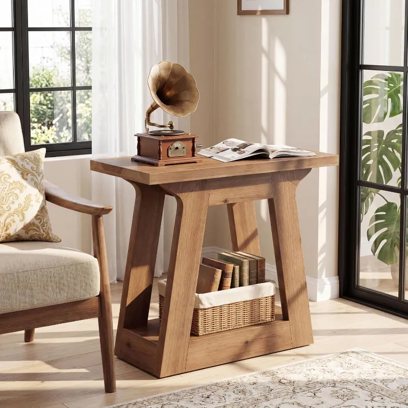 Tribesigns solid fir wood end table with angled legs and two-tier open storage