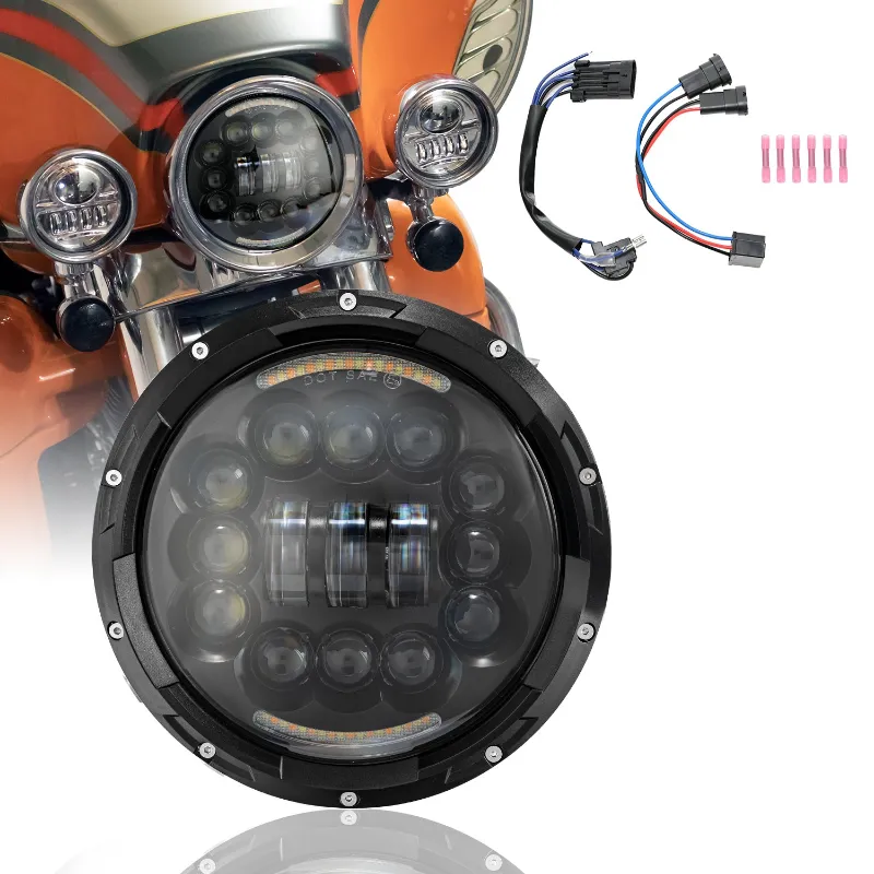 Sunpie 7-Inch Black LED Headlight showing 12 LED beads with integrated DRL and amber turn signal for Harley Davidson motorcycles