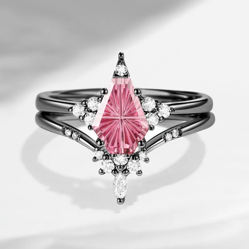 Starlandus Coffin Kite fantasy carved coffin natural pink tourmaline engagement ring in star cluster setting
