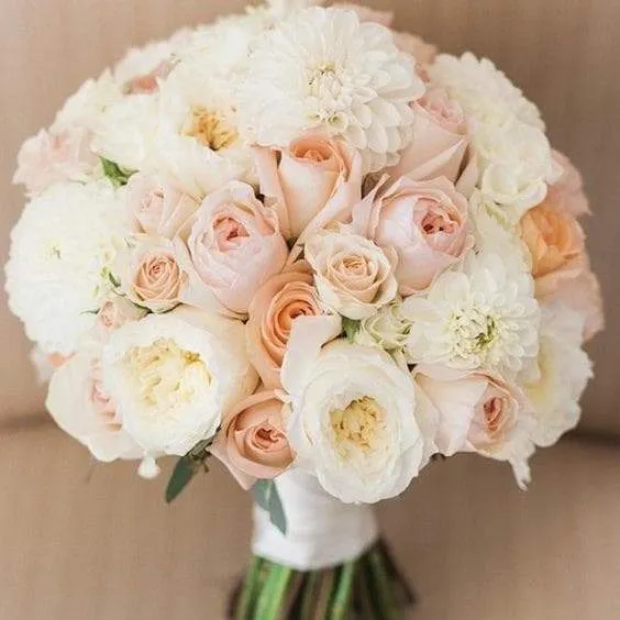 Flower Boom Dallas Blush Bridal Bouquet with peach roses, white roses, and white dahlias