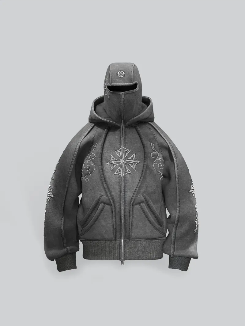 ARNTREAL Holy Phantom hoodie in washed grey with white embroidered detail and balaclava