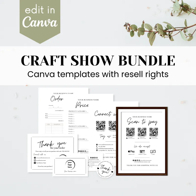 Purpose PLR Craft Show Bundle template showing signs, cards, and sticker designs