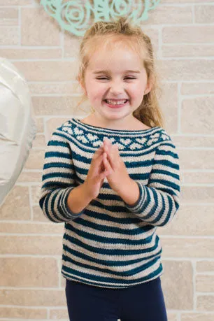 Kristen TenDyke Young Hearts Yoke, a children's sweater with heart motif in teal and grey