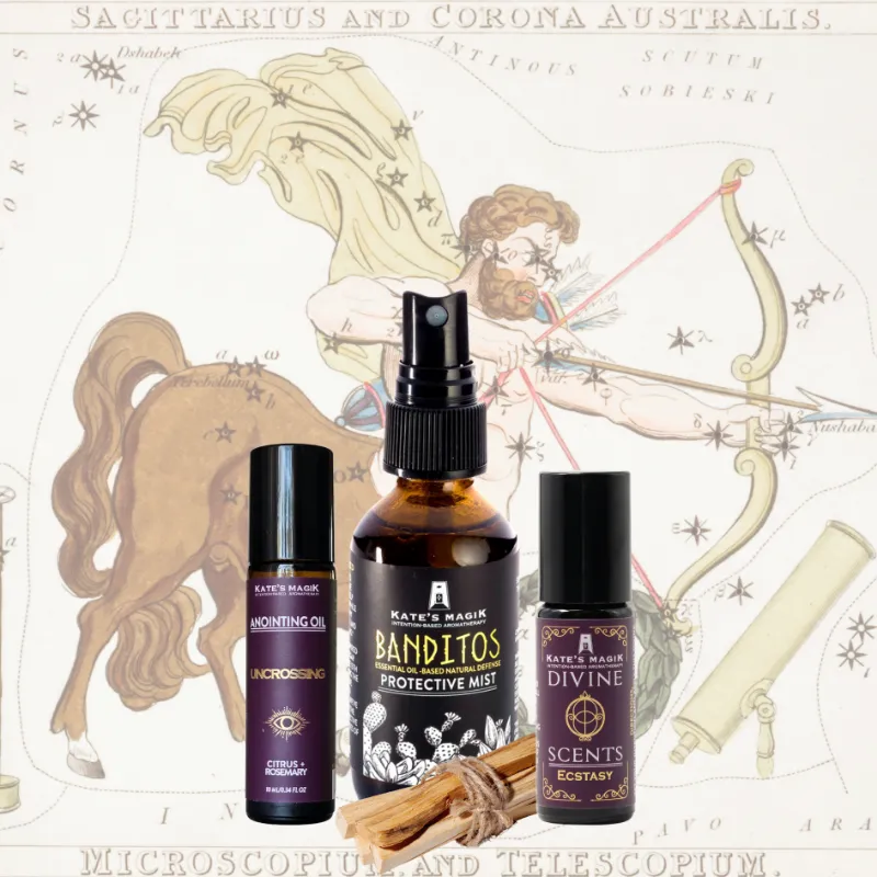 Kates Magik Sagittarius Zodiac Gift set with oils, mist, and palo santo stick