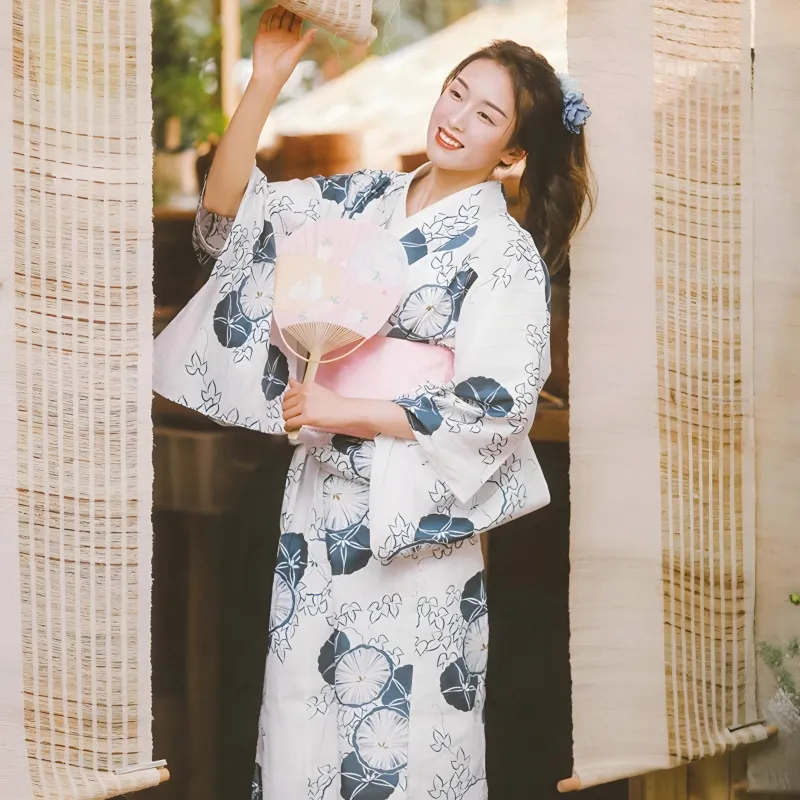 Foxtume Asagao Women Festival Yukata in blue and white flower pattern