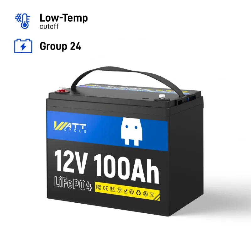 WattCycle 12V 100Ah Group 24 LiFePO4 Battery for RV Solar, Trolling Motor & Off Grid in black ABS case