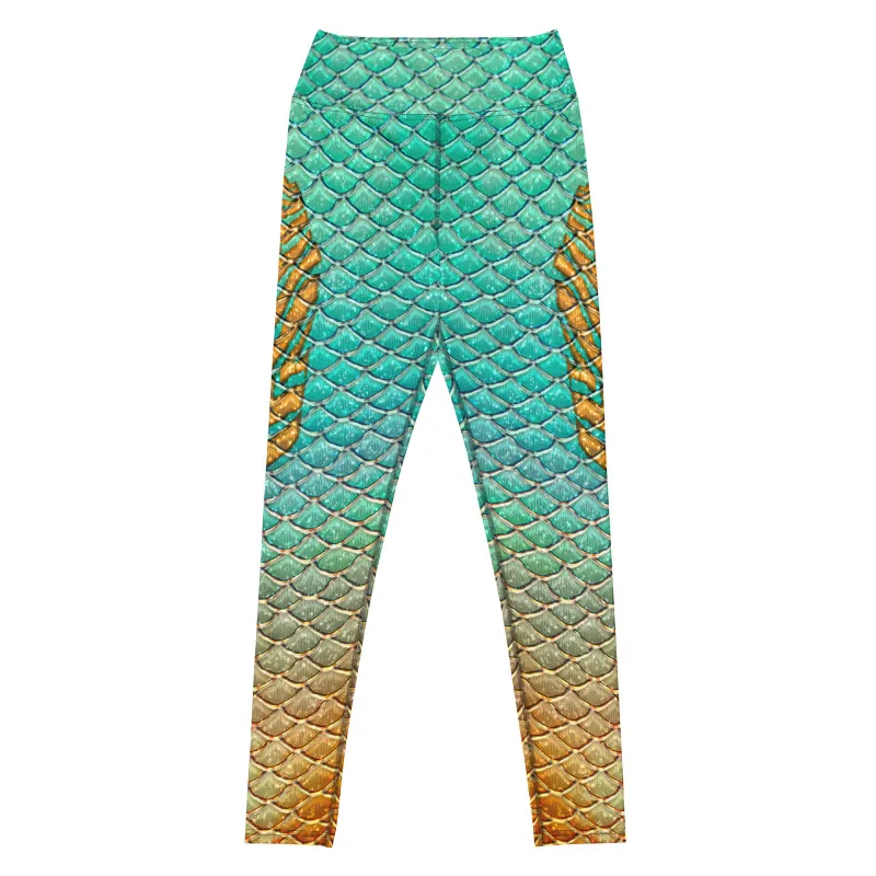Sereia Guardiã Solaris Yoga Leggings shown flat, printed leggings with raised waistband